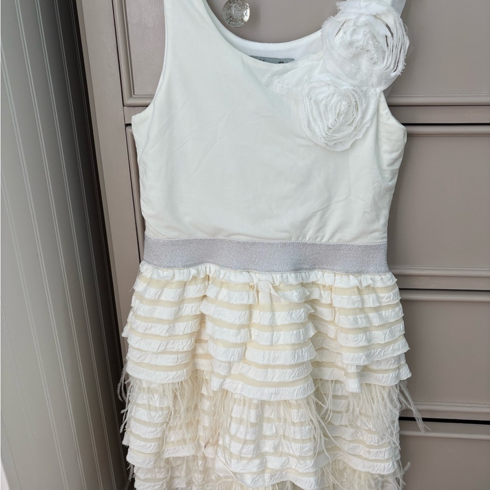 Elisa B White and Cream girls Dress silver/gold feather details size 14